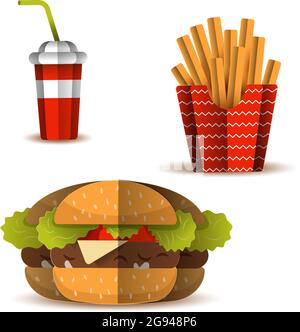 Colorful Fast food vector set isolated on white background. Fast food hamburger dinner and restaurant paper cut style Stock Vector