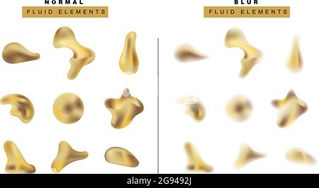 Vector set of realistic golden metallic liquid drop. Fluid effect blurry shapes. Gradient sphere and bubbles. Isolated objects on a transparent for ba Stock Vector