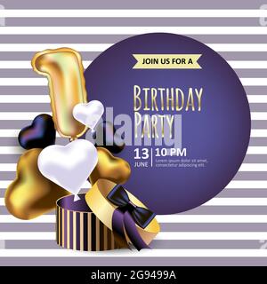 Birthday invitation with realistic packing box and golden balloons in heart shape with figure one. Vector illustration background for banner and card. Stock Vector