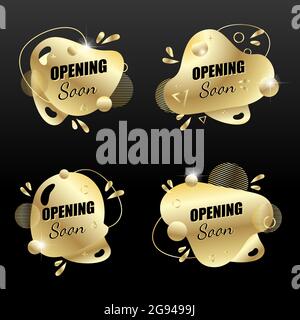 Vector set social media tag opening soon. Isolated goldetn object on a black background. Memphis style and geometric shapes. Amorphous liquid Stock Vector