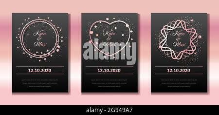 Wedding invitation set. Vector banners with rose gold frames on a black background. Round real borders with sparkles and hearts. Templates for wedding Stock Vector