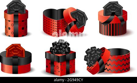 Set of realistic packing boxes 3D red with black bow. Vector isolated objects on a white background Present for christmas and new year and valentines Stock Vector