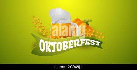 Oktoberfest beer background. Vector illustration with wheat, a bottle of beer green color Stock Vector
