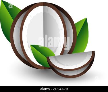 Vector tropical summer exotic fruit paper cut volumetric. Origami. Isolated color object on white background. Coconut nut and slice Stock Vector