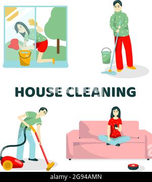 The family cleans the apartment. Dad vacuuming, mom washes the window, grandpa washes the floor, the daughter starts the robot vacuum cleaner. Vector Stock Vector