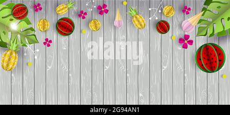 Vector summer background with wooden texture and tropical fruits. Lemon, water-melon, pineapple and ice cream paper cut volume 3d. Use for website, ba Stock Vector