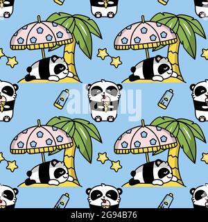 Cute panda kawaii bear on sea summer holiday. Vector flat seamless color pattern in linear style. Stock Vector