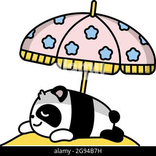 Little cute panda lies sunning on the beach under a beach umbrella. Vector flat color illustration in linear style on white background. Kawai bear. Stock Vector