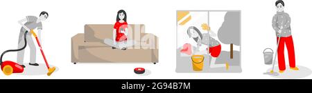The family cleans the apartment. Dad vacuuming, mom washes the window, grandpa washes the floor, the daughter starts the robot vacuum cleaner. Vector Stock Vector