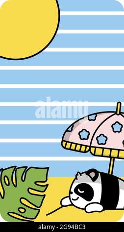 Phone Wallpapers, stories for Instragrams. Little cute panda on summer vacation sunbathes on the beach under an umbrella. Striped background. Kawaii b Stock Vector