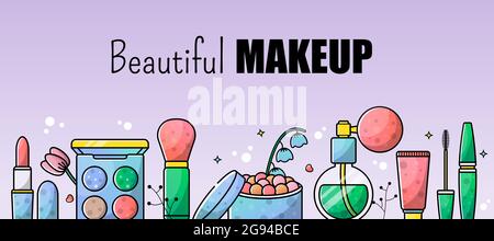 Accessories set for a beautiful make-up. Mascara, foundation, eye shadow, lipstick. Vector banner for a site with isolated objects and place for text. Stock Vector