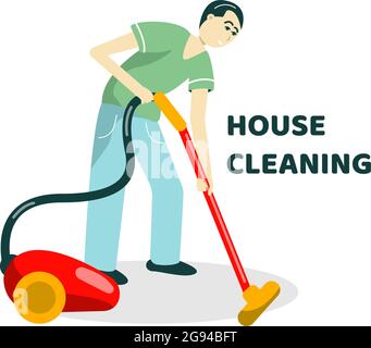 House cleaning. A man dad vacuums the floor. Vector flat illustration in cartoon style. Place for text Stock Vector