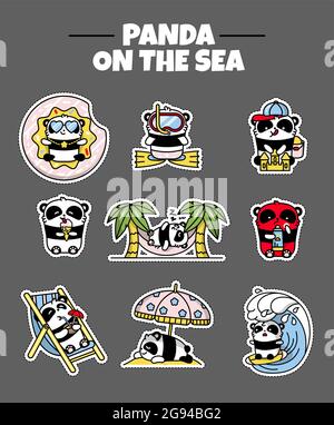 A set stickers of little cute pandas on a summer holiday. Beach party. Vector flat color illustration in linear style on white background. Kawai bear. Stock Vector