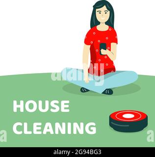 House cleaning. The girl is sitting on the floor and vacuuming with a robot vacuum cleaner. New technologies. Vector flat cartoon style illustration, Stock Vector