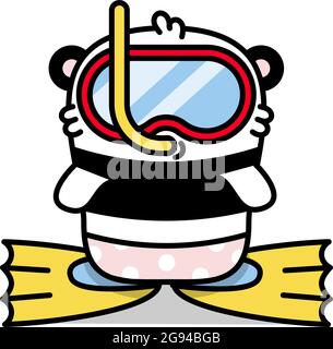 Little cute panda diver in mask and flippers on the beach, Vector flat color illustration in linear style on white background. Kawai bear. Stock Vector