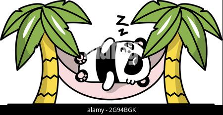 Little cute panda is sleeping in a hammock between palm trees. Vector flat illustration in linear style on white background. Kawai animal. Stock Vector