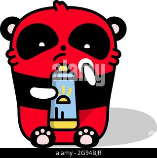 Little cute sad panda burned in the sun and smeared with sunscreen. Vector flat color illustration in linear style on white background. Kawai bear. Stock Vector