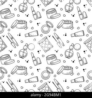 Vector seamless pattern with accessories for makeup. Blush, powder, brush, lipstick hearts and botanical elements. Monochrome background. Stock Vector