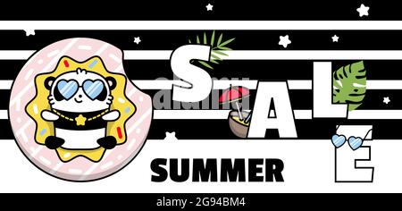 Kawaii panda animal on summer holiday swims in a circle donut . Vector banner and background with stripes, black color Stock Vector
