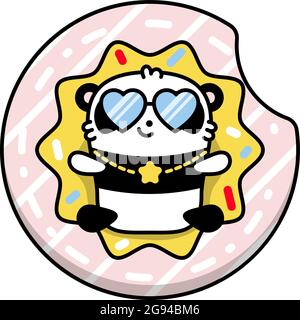 Little cute panda lies on the inflatable circle donut in the pool, Vector color flat illustration in linear style on white background. Kawai bear. Stock Vector