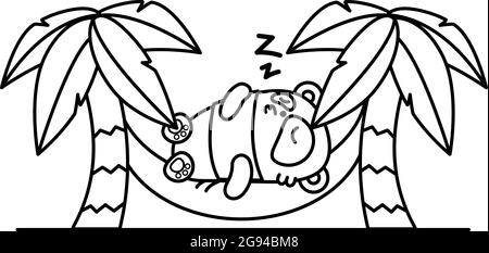 Little cute panda is sleeping in a hammock between palm trees. Vector illustration in linear style on white background. Kawai animal. Coloring book pa Stock Vector