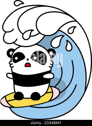 Little cute panda rides on a surfboard and is scared. Big wave on the sea. Vector flat illustration in linear style on white background. Emotions Kawa Stock Vector