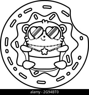 Little cute panda lies on the inflatable circle donut in the pool, Vector outline illustration in linear style on white background. Kawai bear. Colori Stock Vector