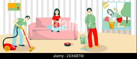 The family cleans the apartment. Dad vacuuming, mom washes the window, grandpa washes the floor, the daughter starts the robot vacuum cleaner. Vector Stock Vector