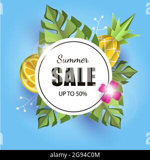 Vector summer background banner 3d paper cut with pineapple. lemon. flower and palm leafs. Flyer banner for advertising sales. Stock Vector