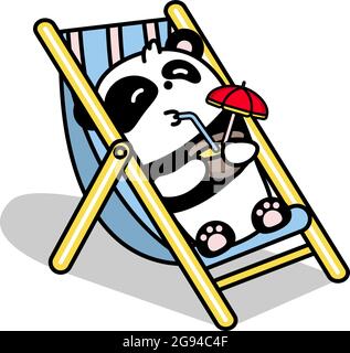 Little cute panda lies in the gamma and drinks a coconut cocktail. Vector flat color illustration in linear style on white background. Kawai bear. Stock Vector