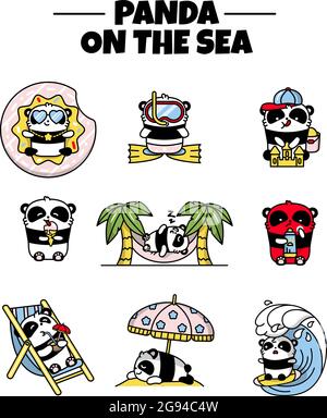 A set of little cute pandas on a summer holiday. Beach party. Vector flat color illustration in linear style on white background. Kawai bear. Stock Vector