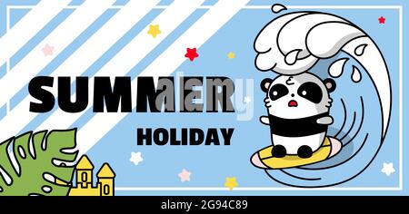 Kawaii Panda is an animal on summer holiday surfing the sea. Vector banner and background with stripes. Stock Vector