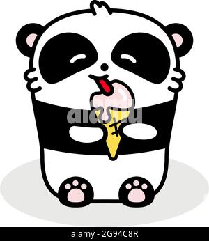 Little cute panda eats ice cream. Vector flat illustration in linear style on white background. Kawai bear Stock Vector