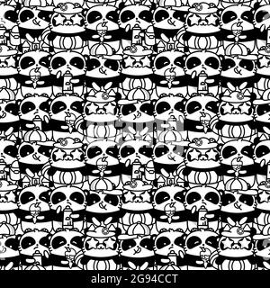 A lot of Cute Kandawa panda bears on a sea summer holiday. Vector flat monochrome seamless pattern in linear style Stock Vector