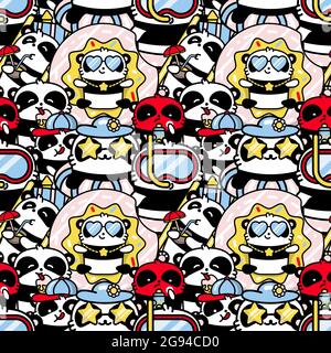 A lot of Cute Kandawa panda bears on a sea summer holiday. Vector flat color seamless pattern in linear style Stock Vector