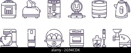 Kitchen electric appliances for cooking. Vector flat transparent icons in linear style on white background. Isolated objects Stock Vector