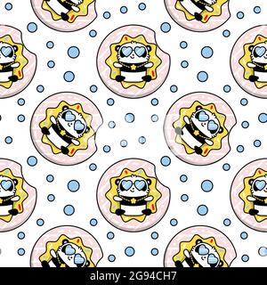Cute panda kawaii bear on sea summer holiday. Vector flat seamless color pattern in linear style Stock Vector