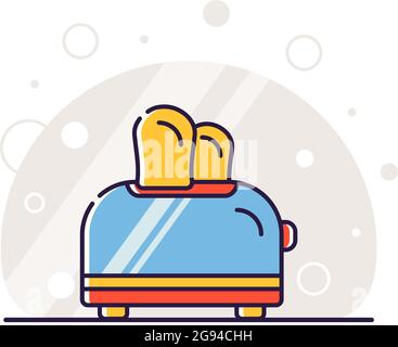 Kitchen electric appliances for cooking. The process of toasting bread in a toaster. Vector flat illustration in linear style. Stock Vector