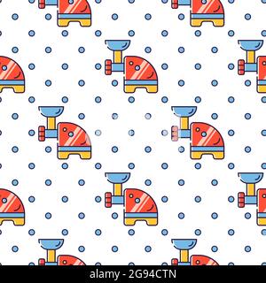 Kitchen electric appliances for cooking. The process of cooking stuffing. Meat grinder at work. Vector seamless pattern in linear style. Stock Vector