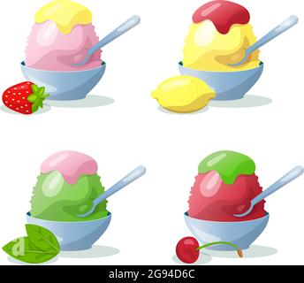 Traditional Japanese dessert kakigori. Ice chips with strawberry, lemon, cherry and green tea syrup. Vector flat illustration. Isolated objects on whi Stock Vector