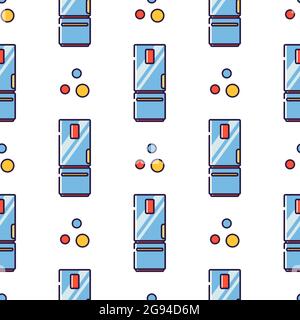 Vector seamless pattern in linear style. Kitchen electric appliances for cooking. The process of cooling food in the refrigerator. Fresh food. Stock Vector