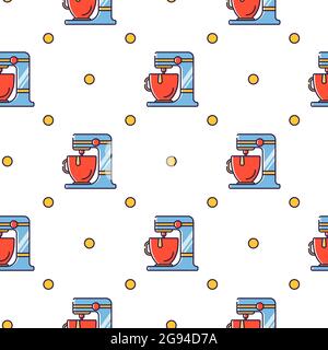 Vector seamless pattern in linear style. Kitchen electric appliances for cooking. The process of making dough for baking on a food processor. Stock Vector