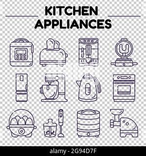 Kitchen electric appliances for cooking. Vector flat icons in linear style on transparent background. Isolated objects Stock Vector