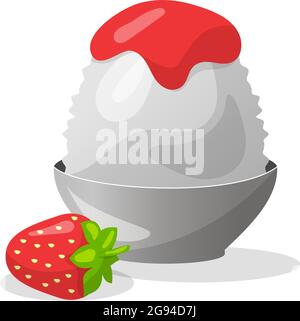 Traditional Japanese dessert kakigori. Ice chips with strawberry syrup. Vector flat illustration on white background. Stock Vector