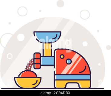 Kitchen electric appliances for cooking. The process of cooking stuffing. Meat grinder at work. Vector flat illustration in linear style. Stock Vector
