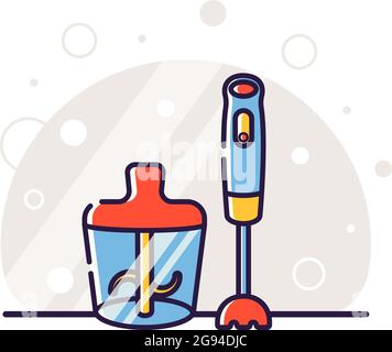 Kitchen electric appliances for cooking. The process of grinding food in a blender. Vector flat illustration in linear style. Stock Vector