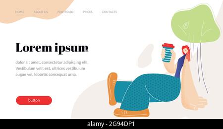Girl with big hands and legs drinks coffee while sitting under a tree. Vector flat illustration on white background. Template for website, banner, lan Stock Vector