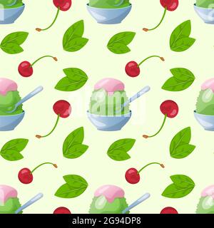 Traditional Japanese dessert kakigori. Ice chips with cherry syrup and green tea and mint. Vector flat seamless pattern Stock Vector