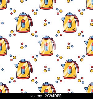 Vector seamless pattern in linear style. Kitchen electric appliances for cooking. Electric kettle Stock Vector