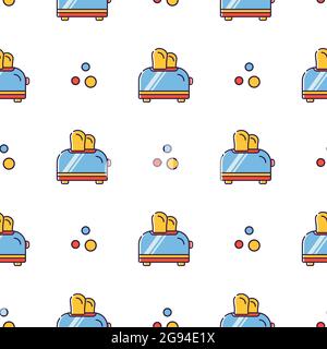 Vector seamless pattern in linear style. Kitchen electric appliances for cooking. The process of toasting bread in a toaster. Stock Vector